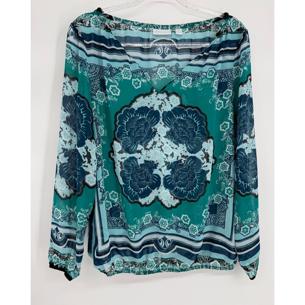 New York & Company Teal Blue Medallion Floral Chiffon Blouse Sz M Long Sleeve